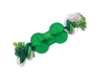 Hračka DOG FANTASY Strong Mint kost guma s provazem zelená 8,9 cm