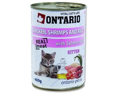 Konzerva pre mačky Ontario Kitten Chicken, Shrimp, Rice and Salmon Oil 400 g